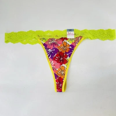 Flirtitude Y2K Sheer Neon Multicolor Hibiscus Teen Retro Lace Thong Panty 8 XL - Image 1 of 4