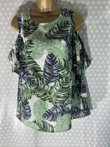 Womens M&Co Uk 12 Green Mix Leaf Short Sleeve Cold Shoulder Casual Blouse Top - Picture 1 of 8