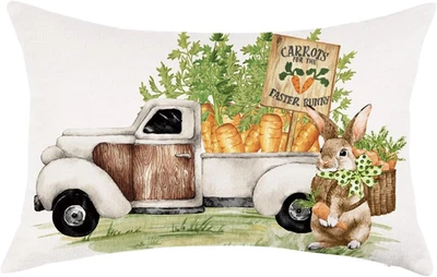 Funda de almohada lumbar de Pascua 12X20 pulgadas primavera granja conejito camión zanahorias rabino Foto 1 de 4