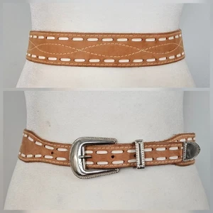 ANN TAYLOR S 27-31" Natural Tan Leather Western Vintage Belt Whip Stitch Unisex - Picture 1 of 21