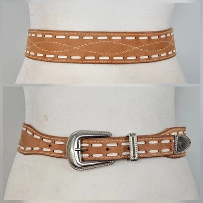 ANN TAYLOR S 27-31" Natural Tan Leather Western Vintage Belt Whip Stitch Unisex - Image 1 of 4