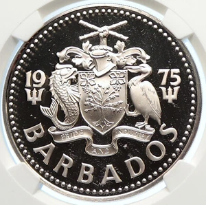 1975 BARBADOS Arms Fountain Trafalgar Proof Silver 5 Dollars Coin NGC i106359 - Picture 1 of 5