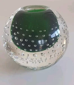 Mid Century Control Bubble Clear / Green Glass Candle Holder - Picture 1 of 6