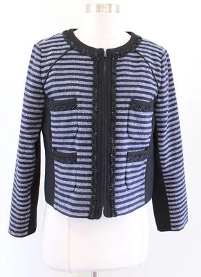 J Crew Black Navy Blue Striped Metallic Tweed Blazer Jacket Wool Zip Up Size 10 - Image 1 of 4