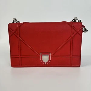 Christian Dior Grained Calfskin Leather Medium Diorama Flap Bag Red Authentic - Picture 1 of 11