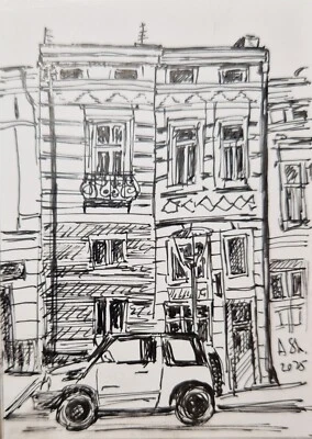 ACEO Original ink drawing architecture houses cityscape mini art OOAK - Image 1 of 2