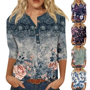 Women's Fashion Casual Three Quarter Sleeve Buttons Print Round Neck Pullover - Picture 1 of 27