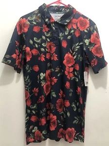 TEK GEAR Men’s Size M Polo Short Sleeve Navy Red Rose Floral Hawaiian UPF 25 - Picture 1 of 7