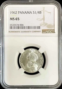 1962 SILVER PANAMA 1/4 BALBOA VASCO NUNEZ COIN NGC MINT STATE 65 - Picture 1 of 1