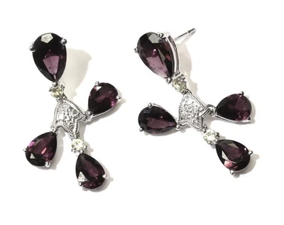 Pendientes colgantes de diamantes granate rodolita de oro blanco de 10 k clip de 4,6 g vintage Foto 1 de 4