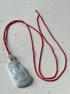Thin Red Cord w Round Bead & Carved Light Green Stone ROOSTER Pendant Necklace - - Picture 1 of 7