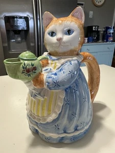Avon Cat Teapot Ceramic 1992 Vintage 8.75" High 9" Wide Cat in Blue Dress - Bild 1 von 5