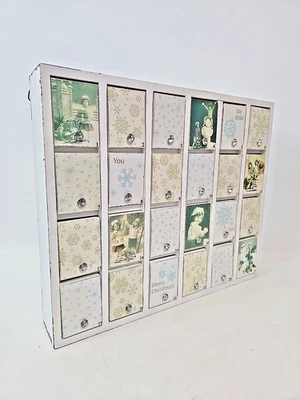 Christmas Advent Box Calendar Wood Vintage Scenes Snowflakes Shabby Chic - Image 1 of 4