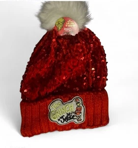 The Grinch Red Sequin Santa Beanie Hat with White Pom - Brand New - Picture 1 of 2