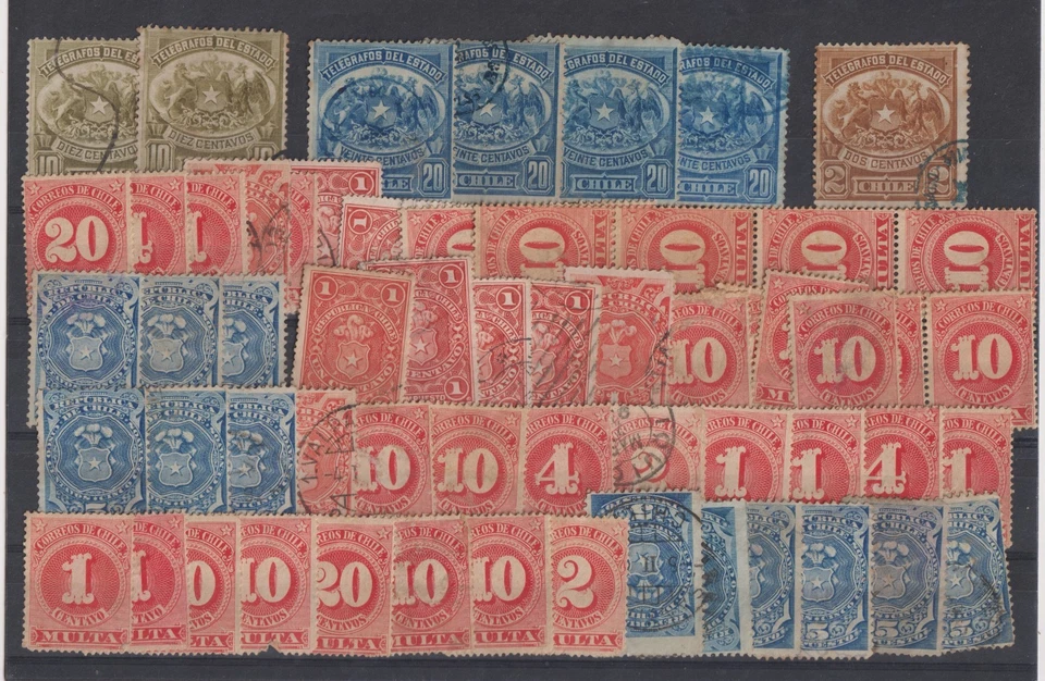 Estampillas de Chile - Colección de estampillas telegráficas y postales adeudadas en una tarjeta de stock Foto 1 de 1