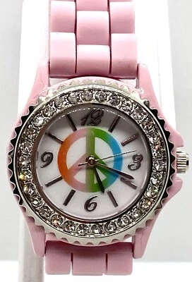 NUEVO Reloj Geneva Damas Batería Fresca Esfera Helada Arco Iris Signo de Paz Correa Rosa Foto 1 de 4