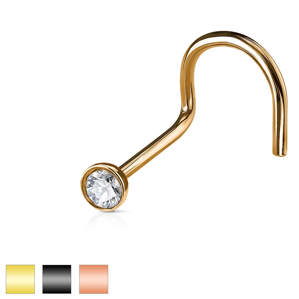 Anel de parafuso de nariz de aço cirúrgico Press Fit gema transparente titânio IP 316L 18g - Imagem 1 de 4