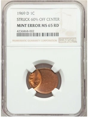 ER001 1969-D 1C Lincoln Cent -- Struck 60% Off Center -- NGC MS65RD - Image 1 of 2