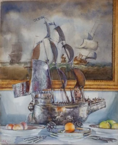Art Deco Continental School. Still Life/ Silver. Watercolour. Signed/dated 1920. - Picture 1 of 7