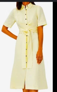 ANN TAYLOR gelb Leinenmischung Tie Taille Midi Hemd Kleid Kurzarm Neu mit Etikett Frühling - Bild 1 von 11