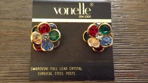 VONELLE Lead Crystal SWAROVSKI Flower Pierced Earrings NEW ON CARD - Picture 1 of 6