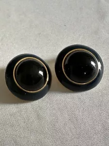 1980's GJD Ginnie Johansen Designs Pierced EARRINGS Black & Blue Gold Tone W2 - Picture 1 of 5