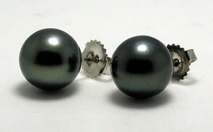 10.6MM Black Tahitian Pearl Stud Earrings, 14K White Gold, NEW - Picture 1 of 2