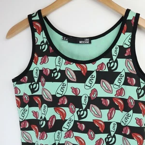 Top Love Moschino taglia US 8 camicia donna stampa labbra verde nero canotta maglietta elasticizzata - Foto 1 di 10