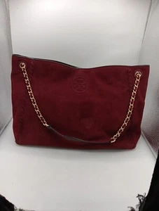Tory Burch Marion Suede Tote Bag Burgundy Gold Chain - Picture 1 of 15