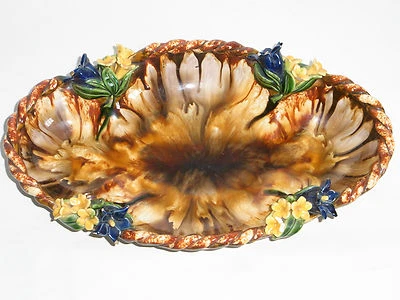 05B72 ANCIEN PLAT BARBOTINE DÉCORS FLEURS CENTRE DE TABLE COUPE DE FRUIT  - Photo 1/4