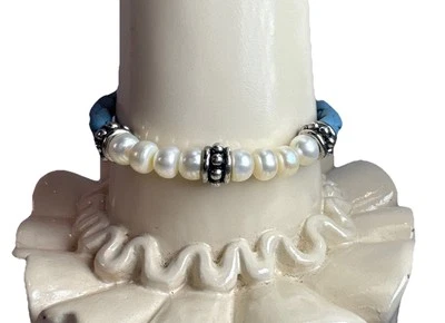 "Brazalete de cuero trenzado beige perla de agua dulce Honors de plata esterlina 7""" Foto 1 de 4