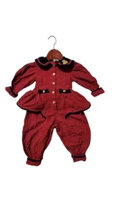Vintage rot karierter Einteiler Größe 2 Kleinkind Overall Strampler schwarz Samtakzent - Bild 1 von 12