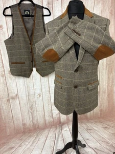 Marc Darcy DX7 Tweed Suit Slim Tan 42” Jacket Waistcoat Velvet Elbow -WORN TWICE - Imagen 1 de 24