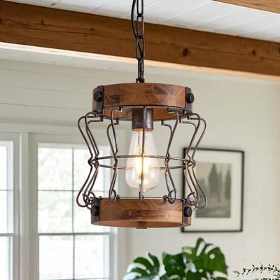Lámpara de araña rústica de madera y metal para granja 1 luz jaula redonda... Foto 1 de 4