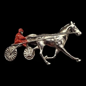 Vtg Horse Jockey Brooch Harness Racing Sulky Derby Race Pin Red Silver Tone Read - Picture 1 of 9