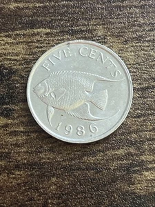 1986 Bermuda 5 Five Cents Tropical Fish Queen Elizabeth II Actual Coin TB3528* - Picture 1 of 2