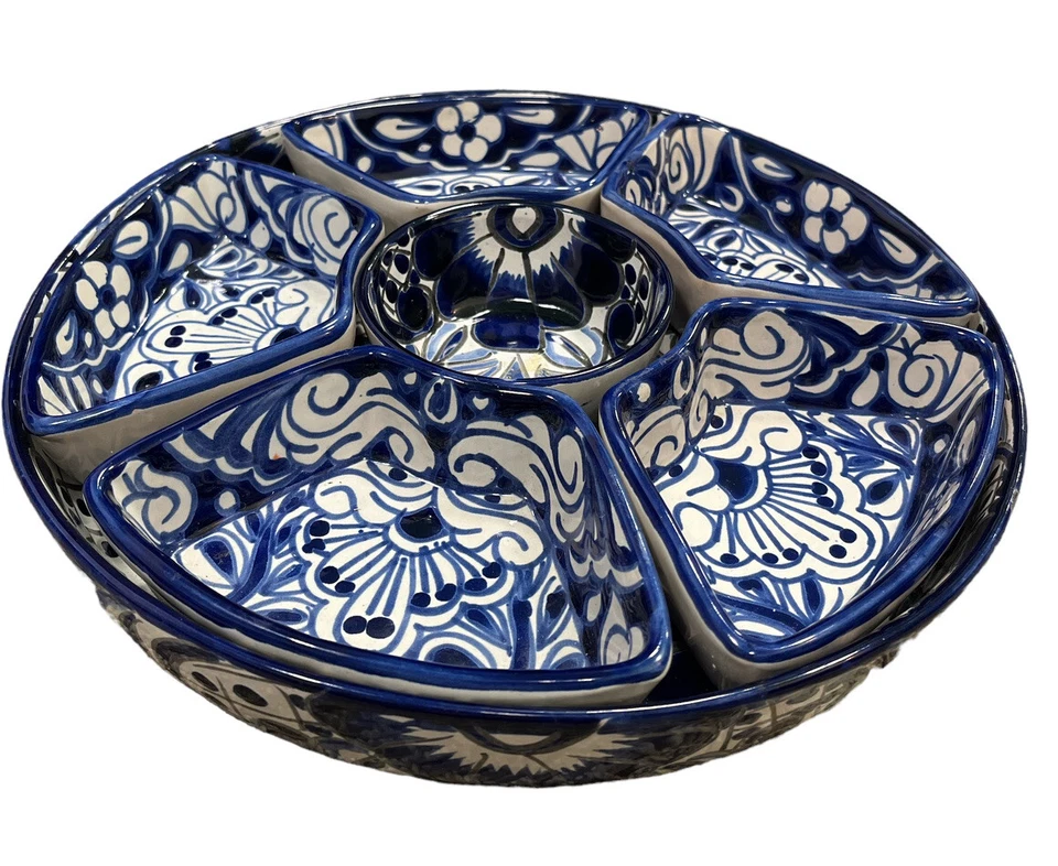 Plato de aperitivo azul cobalto arte popular mexicano 7 piezas bandeja de aperitivos sin plomo Foto 1 de 4