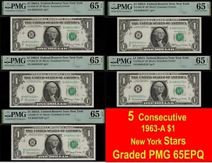 1963A $1 Federal Reserve Note PMG 65EPQ 5 consecutive New York stars Fr 1901-B* - Picture 1 of 12
