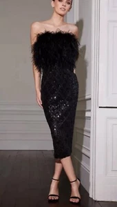 FOREVER UNIQUE Limited Edition Black Sequin Dress Marabou Feather UK 8 BNWT - Picture 1 of 13
