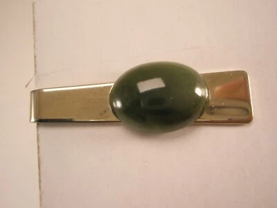 1-5/8" Genuine Green Jade Cabochon Stone Vintage SMALL Tie Bar Clip luck - Image 1 of 4