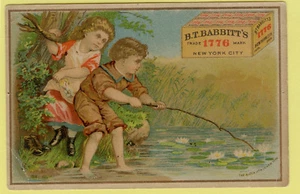 B. T. BABBITT'S MEDICINAL YEAST Trade Card, Boy and Girl Gathering Pond Lilies - Picture 1 of 2