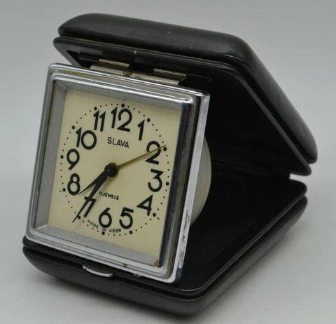 Vintage Travelling Clock Slava 11 Jewels Soviet USSR Mechanical Alarm Clock 1969 Cover