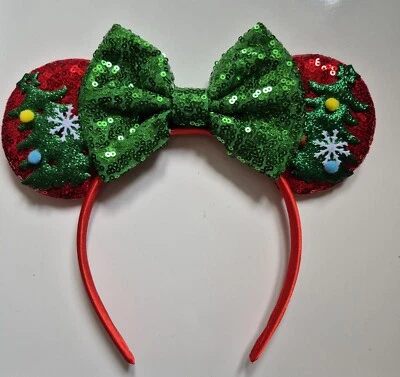 Christmas Disney Park headband Minnie Mikey Mouse ears bow Hairband Fancy Dress  - Image 1 of 4