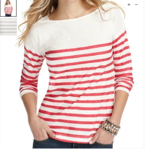 NWT Ann Taylor LOFT Ivory white/Pink sparkly stripe Boat neck T-Shirt Top XS M - Picture 1 of 7