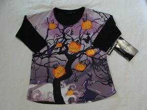 NWT Onque Casuals Women's Stretch Shirt Halloween Beaded Pumpkin Witches Size PS - Picture 1 of 6