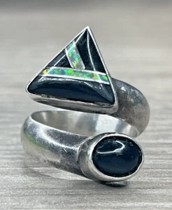 Anillo de derivación geométrico con incrustación de obsidiana de ópalo esterlina 925 Zuni hecho a mano de colección único - Imagen 1 de 9