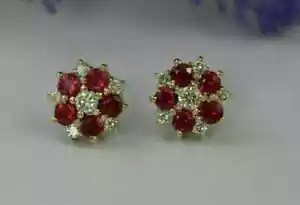2Ct Round Cut Lab Created Red Ruby 14k Yellow Gold Plated Flower Stud Earrings - Picture 1 of 7