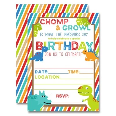 Juego de 10 invitaciones de fiesta de cumpleaños para niños Dinosaurio Chomp & Stomp Foto 1 de 4