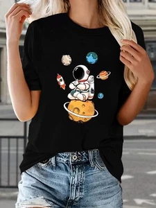 Astronaut Print Short Sleeves Casual Tops, Women's Round Neck Sports T-shirt - Picture 1 of 13