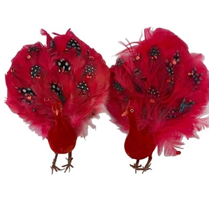 Flocked Red Sequined Peacock Ornaments Wire on Feet Set of 2 Christmas Ornaments - Picture 1 of 12